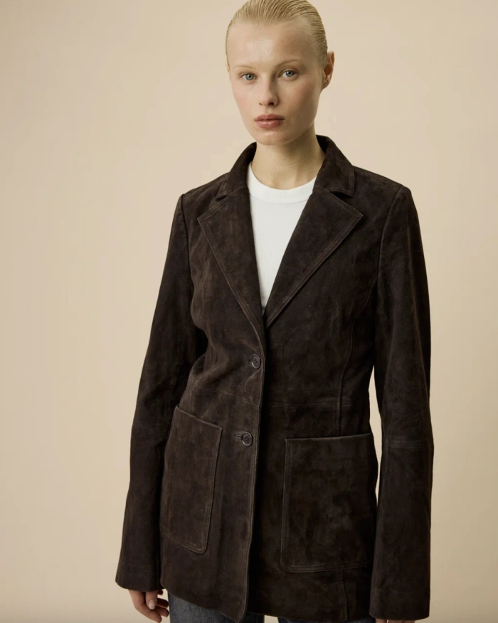 Suede Blazer with Pockets in Brown